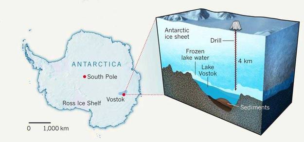 Mapa ilustrando mostrando onde do continente Antártico fica o Lago Vostok e sua estrutura interna.